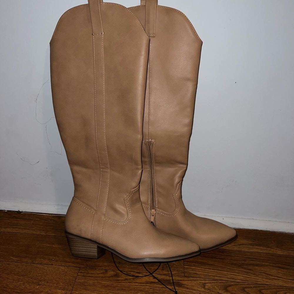 Knee-High Tan Leather Western Boots